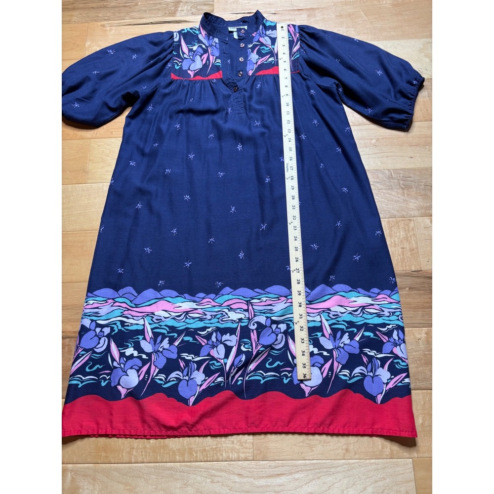Robbie Bee Dress Womens Petite L Navy Blue Floral Border Print Puff Sleeve - Picture 10 of 13